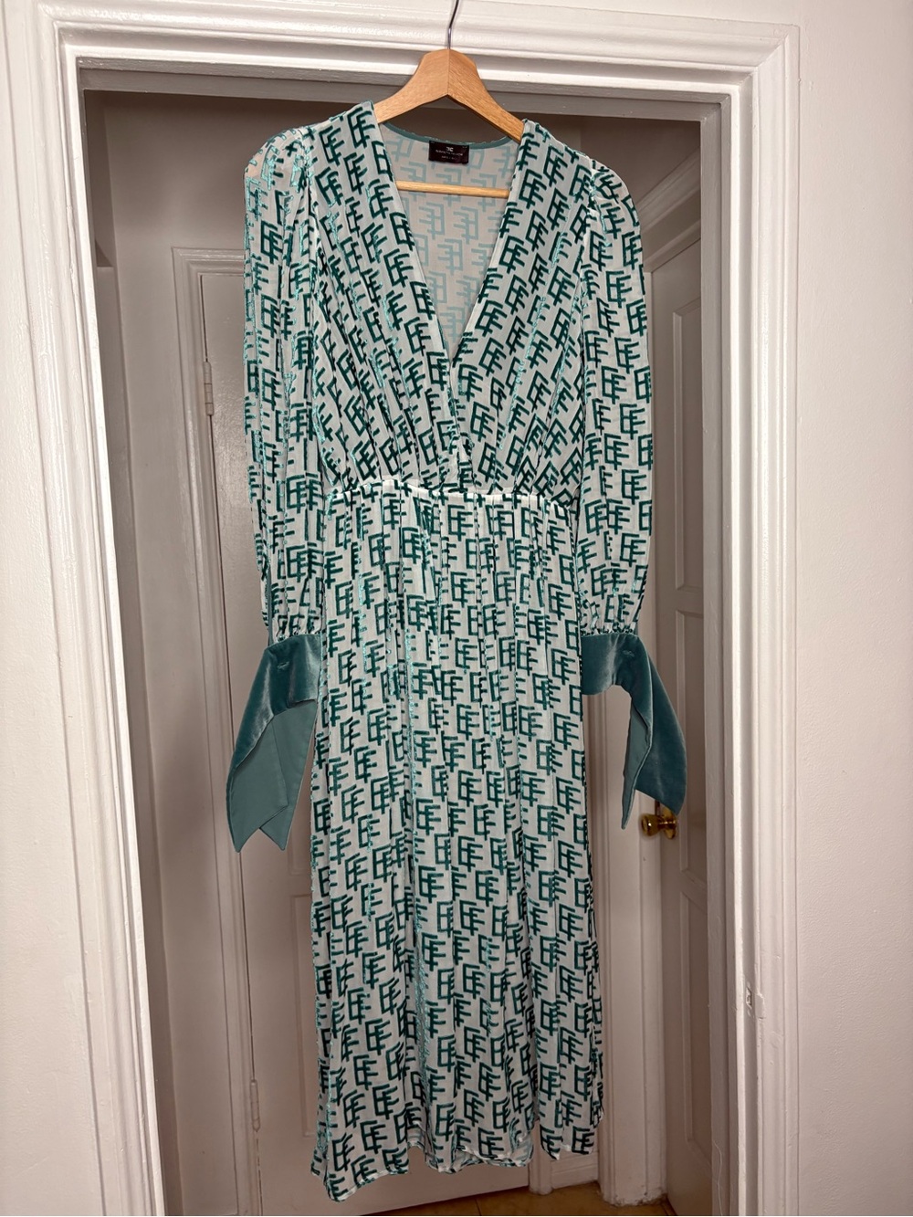 Teal & White Logo-Print Long Sleeve Dress